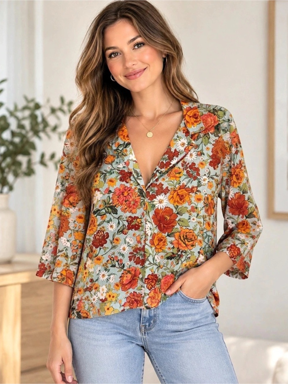 ZARA Floral Button Front Blouse Size L Orange Green Boho Retro 3/4 Sleeve Top